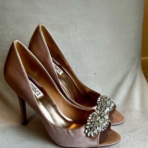 Jewel Badgley Mischka Blush Satin Heels with Crystal Detail